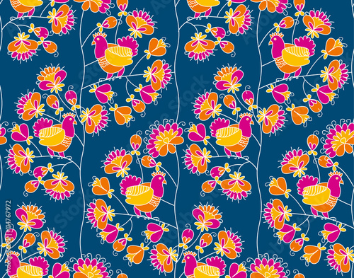 peasant style blossom tree and pigeon in love on deep dark blue