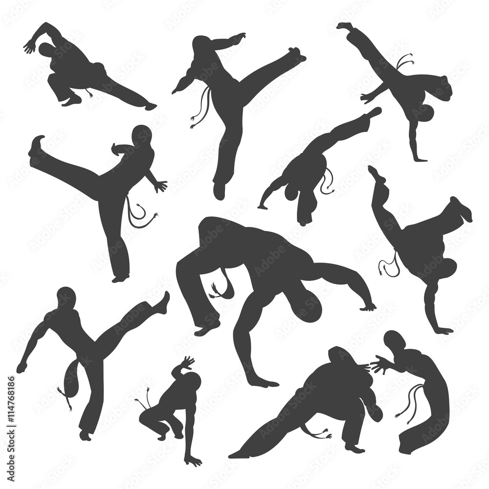 Isolated black and white silhouettes capoeira dancer Isolated on white. illustration set for design