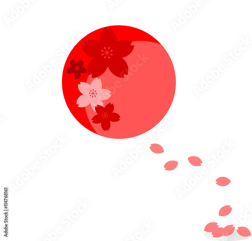 Japanese flag with sakura flower inside the red circle with falling down sakura petal