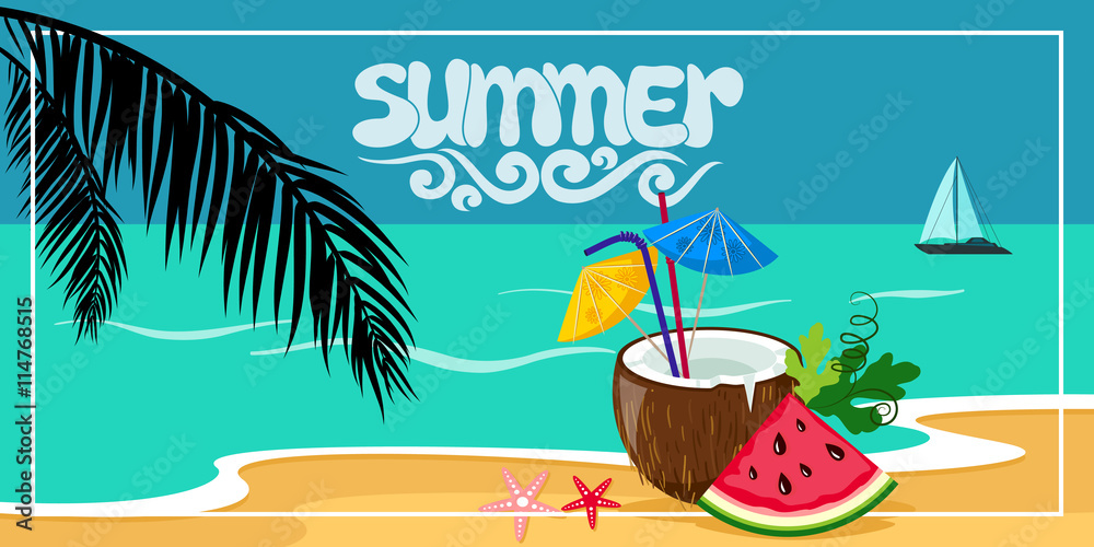 Naklejka premium Summer background, vector illustration on the beach with waves, clouds and a palm leaves, a boat on the horizon, and in the foreground in a coconut cocktail , seaside view poster. Vector illustration