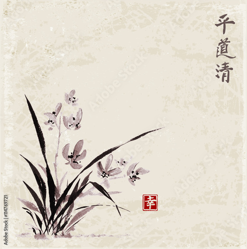 Wild orchid on meadow. Traditional Japanese ink painting sumi-e on white background. Contains hieroglyphs - eternity, freedom, happiness, beauty