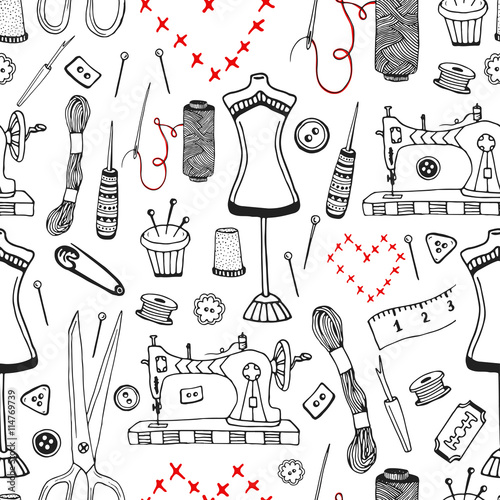 Needlework and sewing equipment seamless pattern. Vector hand drawn craft supplies print