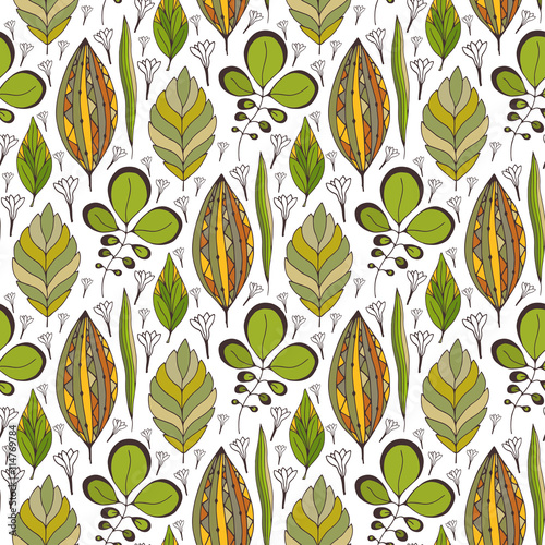 Vector seamless pattern with ethnic leaves ornament. Seamless design for textile fabric packaging