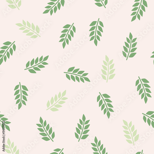Green leaves pattern. Abstract vector pattern on the light pink background. 