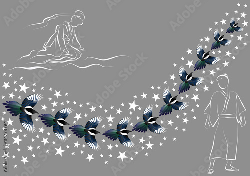 Vega, Altair and magpies. Hand drawn vector illustration on Tanabata (Star Festival), Japanese and Chinese legend. photo