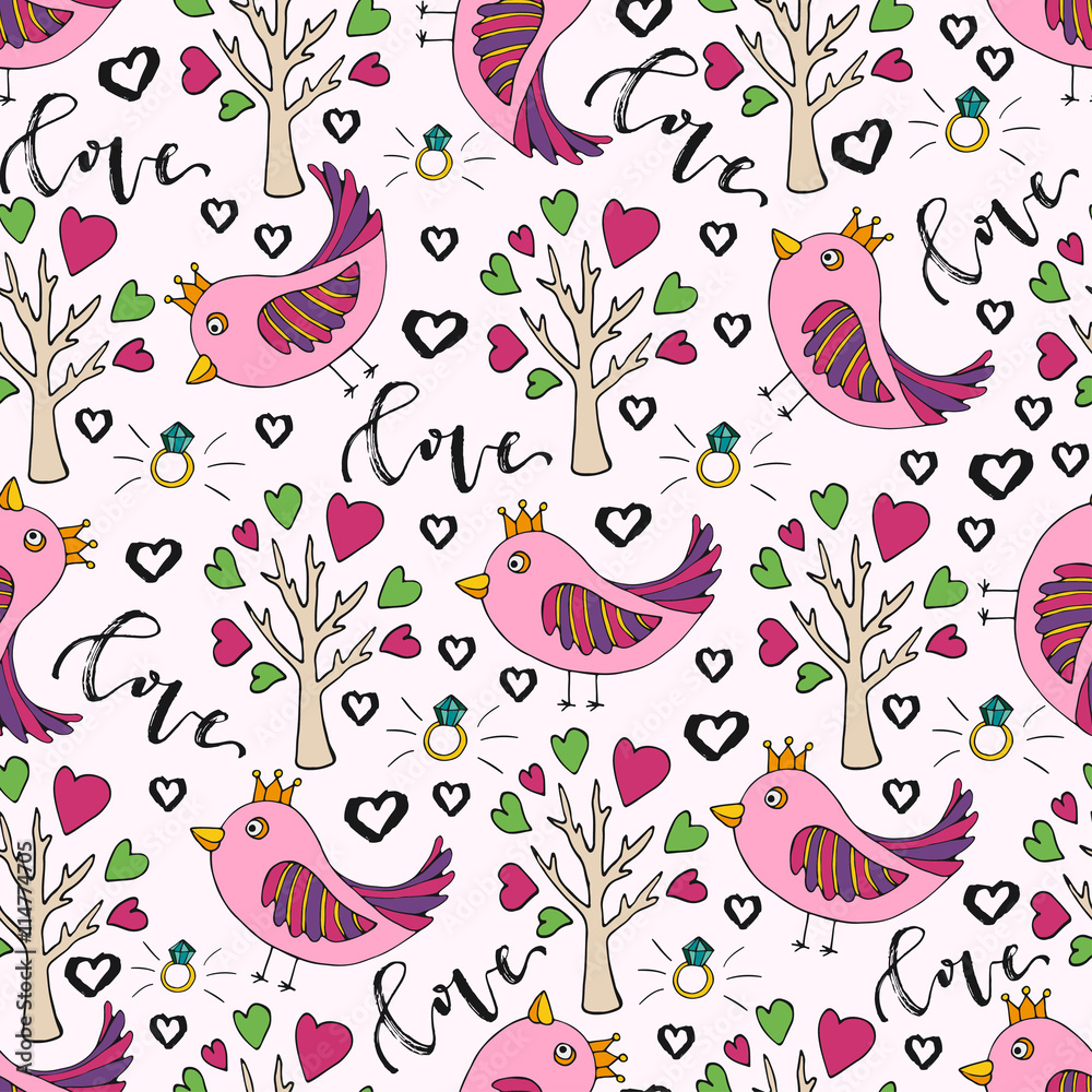 Vector background for valentines day. Cute doodle seamless pattern with bird and love tree