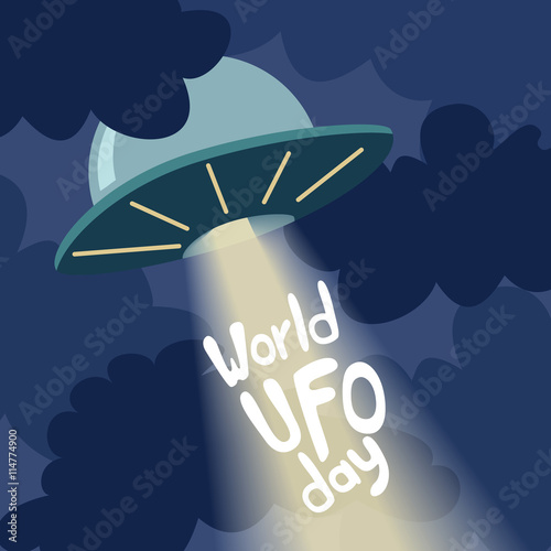 Poster for World UFO day with alien spaceship.