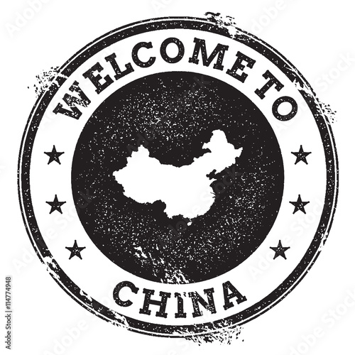 Vintage passport welcome stamp with China map. Grunge rubber stamp with Welcome to China text, vector illustration.