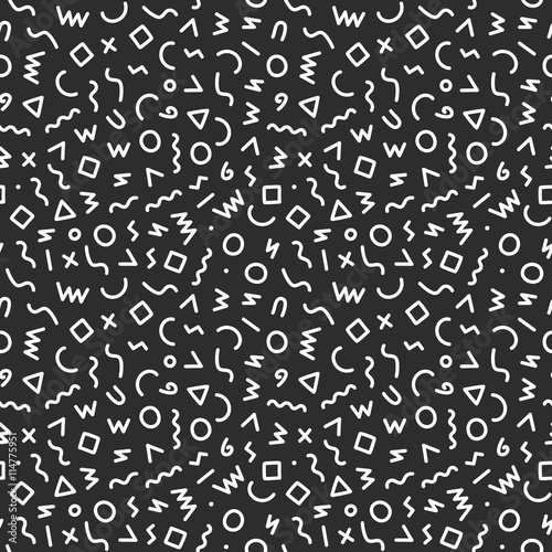 Memphis style seamless pattern. Abstract vector illustration with geometric elements, shapes.