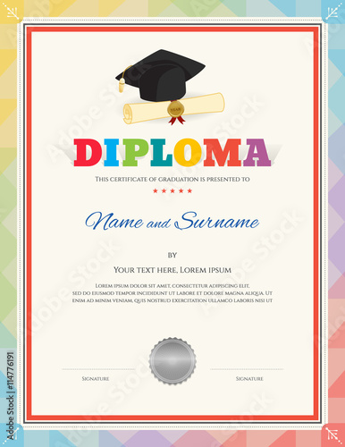 Colorful diploma certificate template in vector with graduation cap