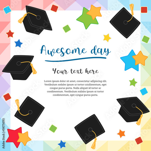 Colorful graduation day card illustration design with flying graduation caps