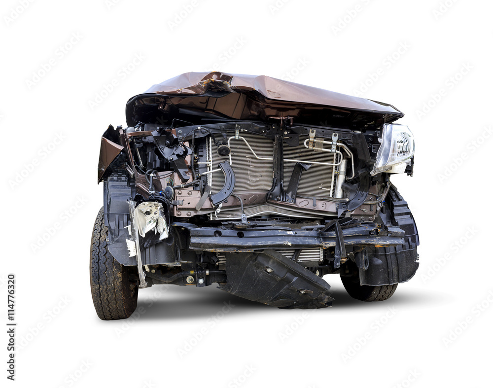 Isolated car in front has been damaged by accident, cover light [clipping path]