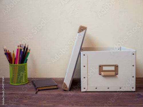 Side view of workplace in the office on the wooden table