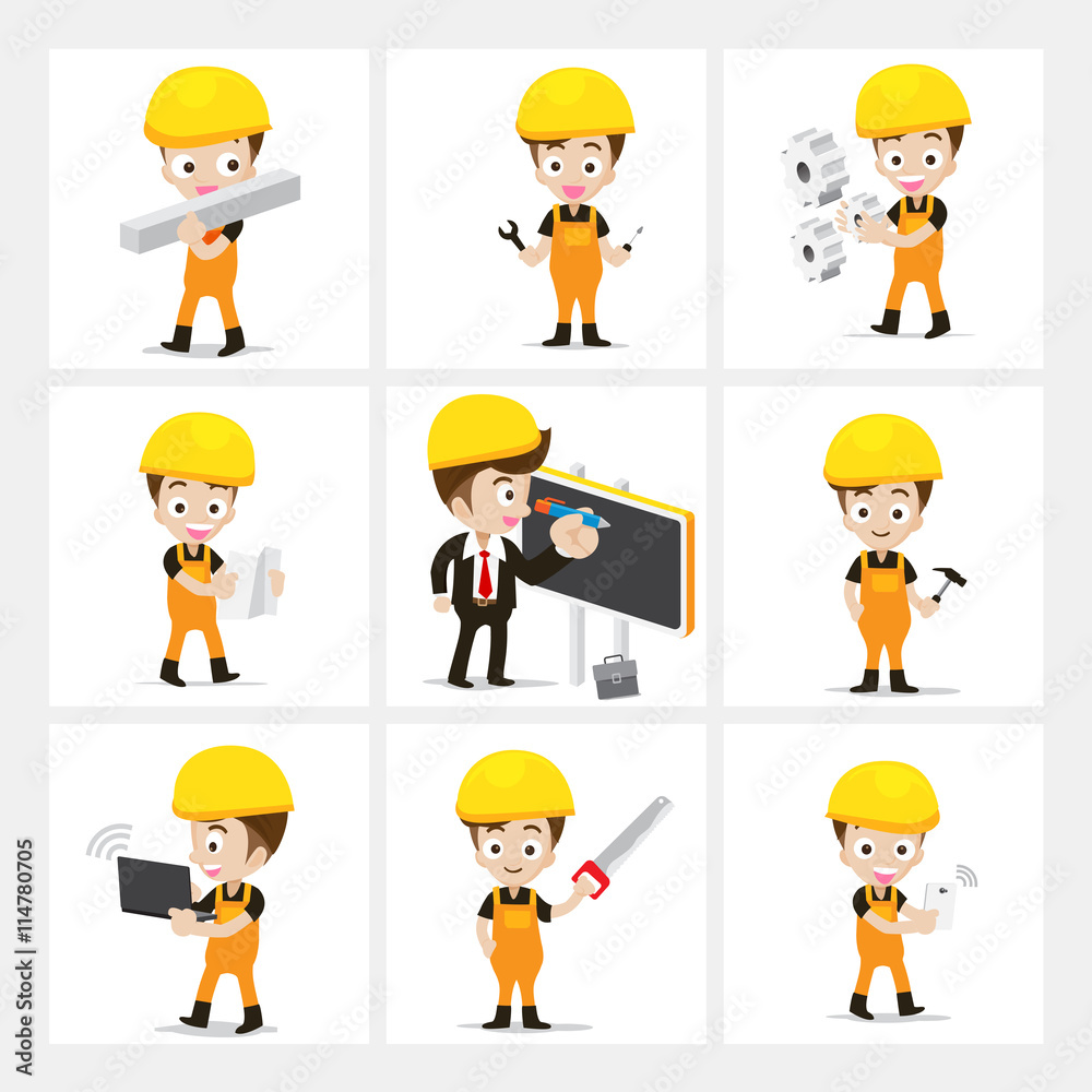 Set of 9 engineer and labor worker in difference action vector i