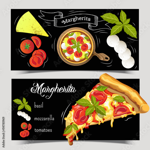 A set of two booklets Pizza Margherita. Ingredients for pizza on a black background. It can be used for advertising, the web or a prescription. Vector graphics