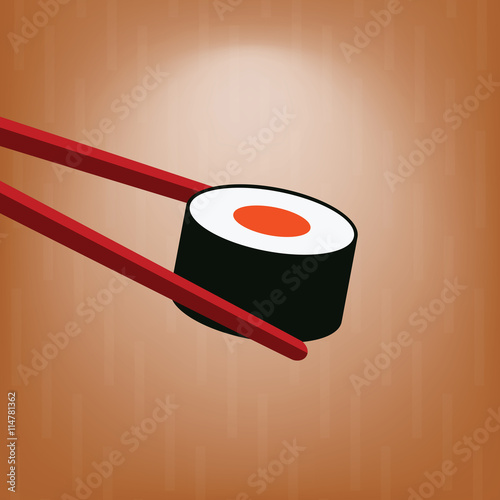 Sushi with chopsticks on light brown bamboo background. Vector maki