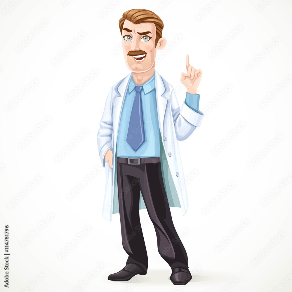 Doctor mustached man in a white medical coat explains something
