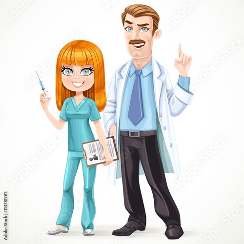 Doctor mustached man in a white medical coat explains something
