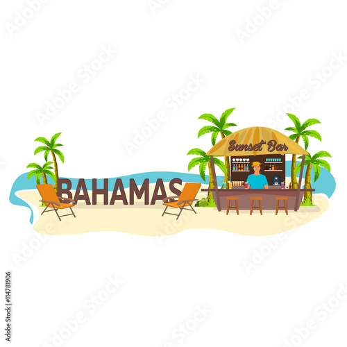 Beach Bar. Bahamas. Travell. Palm, drink, summer, lounge chair, tropical.