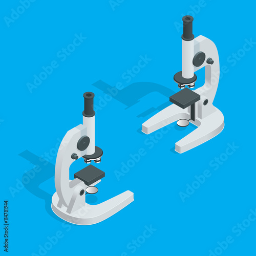 Microscope isolated on white. Science laboratory, lab chemistry, research scientific, microscope and experiment, chemical lab science test, technology. Flat 3d vector cillustration