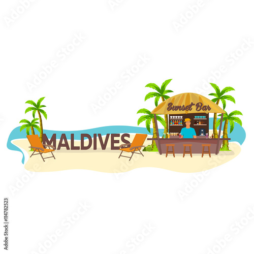 Beach Bar. Maldives. Travell. Palm, drink, summer, lounge chair, tropical.