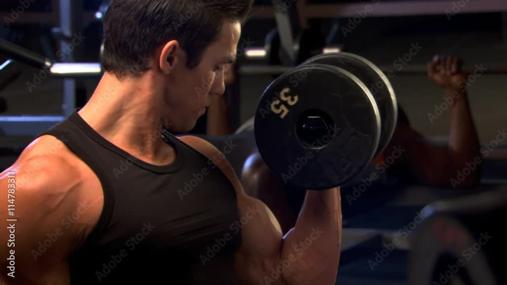 Man doing alternating biceps curls in a fitness club Man doing alternating biceps curls in a fitness club