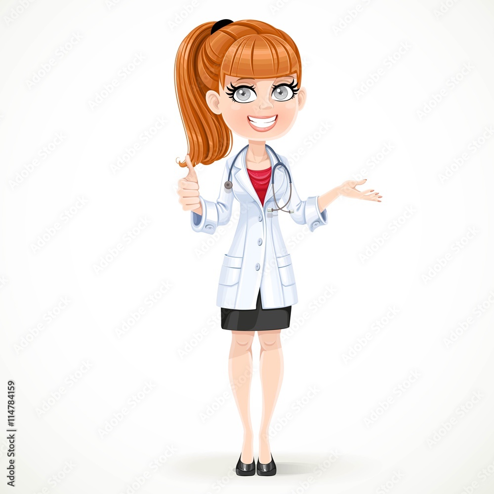 Beautiful girl doctor in a white medical coat shows gesture thum Beautiful girl doctor in a white medical coat shows gesture thum