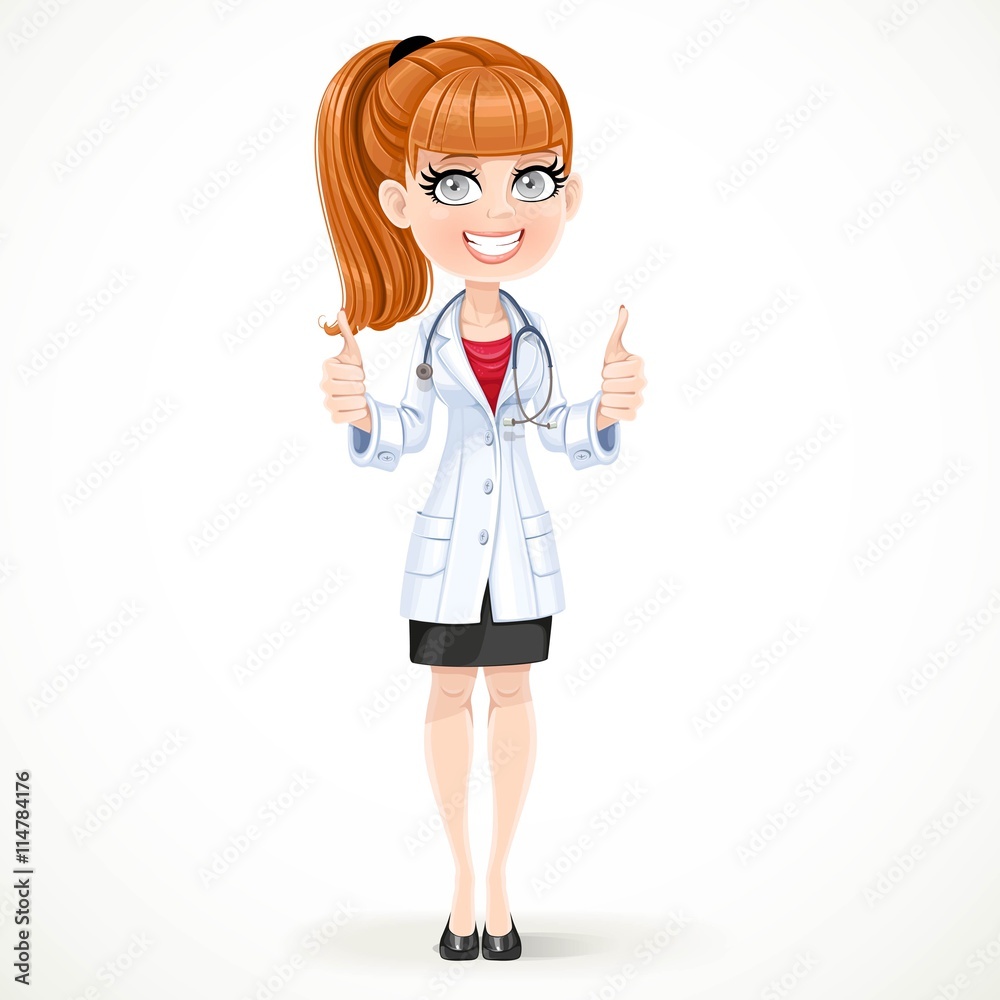 Beautiful girl doctor in a white medical coat shows gesture thum Beautiful girl doctor in a white medical coat shows gesture thum