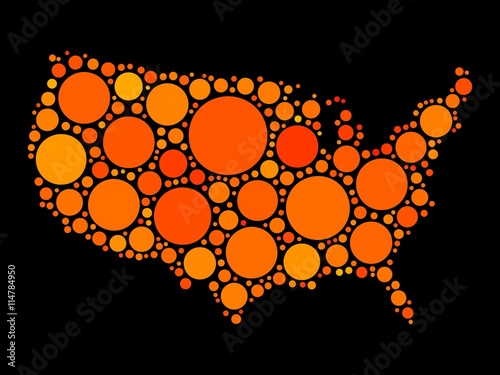Map of United States of America, or USA. Mosaic of orange dots in various sizes on black background. USA map modern design background.