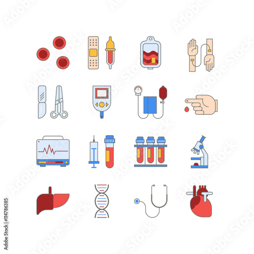 Colorful medical icon set made in line style. Vector blood and heart tests pictorgam collection.