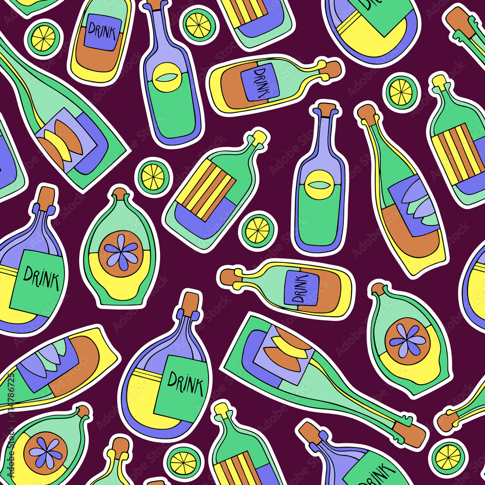 Different cartoon bottles. Vector seamless pattern.
Different cartoon bottles. Vector seamless pattern.