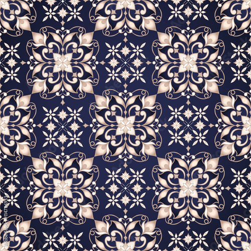Vintage ornate golden seamless texture in Eastern style on blue.