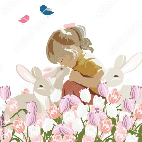 Little girl playing with rabbits in a meadow full of flowers. Vector sweet composition for Children's Day or Friendship Day