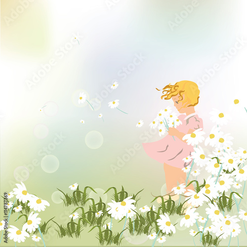 Little girl playing in a field of chamomile flowers. Vector beautiful sweet illustration for Children's Day