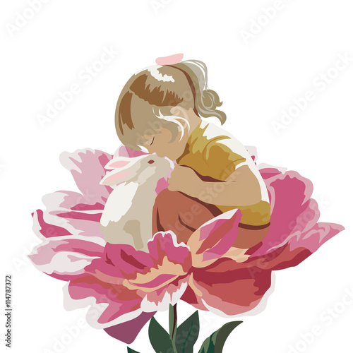 Little girl playing with a rabbit in a meadow of a flower. Vector beautiful sweet composition for Children's Day or Friendship Day
