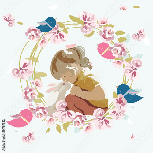 Little girl playing with a rabbit. Vector floral wreath beautiful composition for Children's Day or Friendship Day