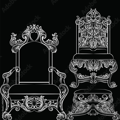 Baroque luxury style furniture set. Chair throne luxurious rich ornaments. French Luxury rich carved ornaments furniture. Vector Victorian exquisite Style furniture. Vector sketch on black background
