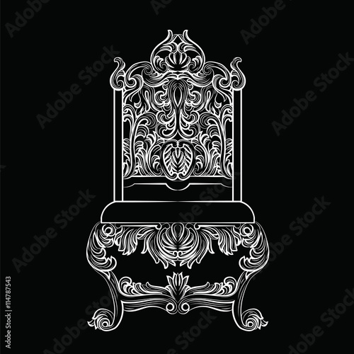 Baroque luxury style furniture. Chair throne with luxurious rich ornaments. French Luxury rich carved ornaments furniture. Vector Victorian exquisite Style furniture. Vector sketch on black background