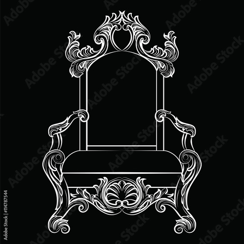 Baroque luxury style furniture. Chair throne with luxurious rich ornaments. French Luxury rich carved ornaments furniture. Vector Victorian exquisite Style furniture. Vector sketch on black background