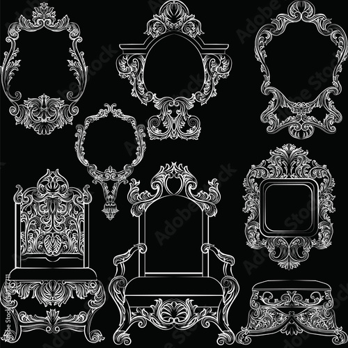 Set of Baroque Vintage Decoration Frames and Furniture. Flourishes Royal Rich...