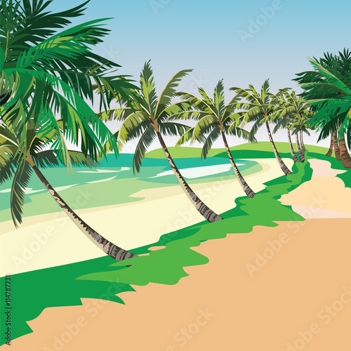 Summer Beach with Tropical Palm trees. Vector background card