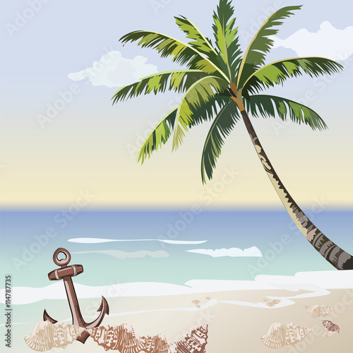 Vintage beautiful Sunset Seaside Tropical card. Summer beach and Palm tree Ve...