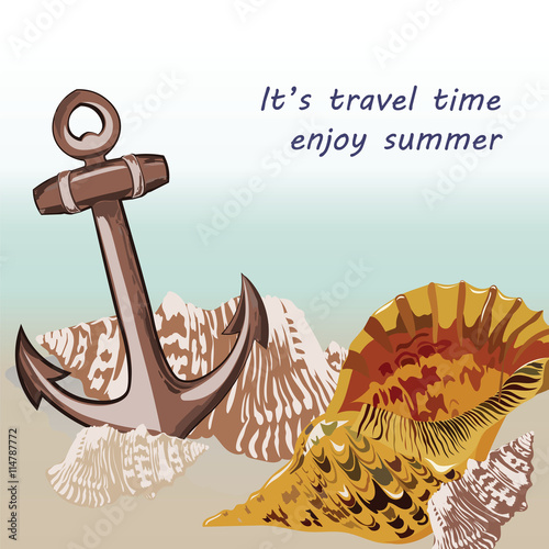 Vector Nautical Marine theme card. Vintage Holiday Sea shell and anchor on be...