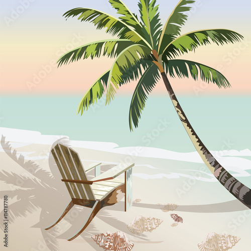 Vintage beautiful Sunset Seaside Tropical card. Lounge chair under the shadow of a Palm tree. Summer beach Vector background