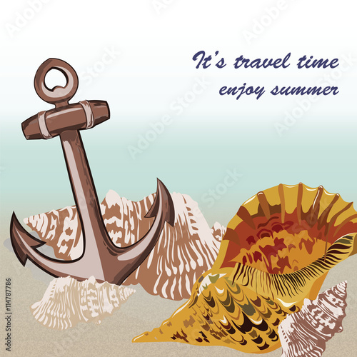 Vector Nautical Marine theme card. Vintage Holiday Sea shell and anchor on be...