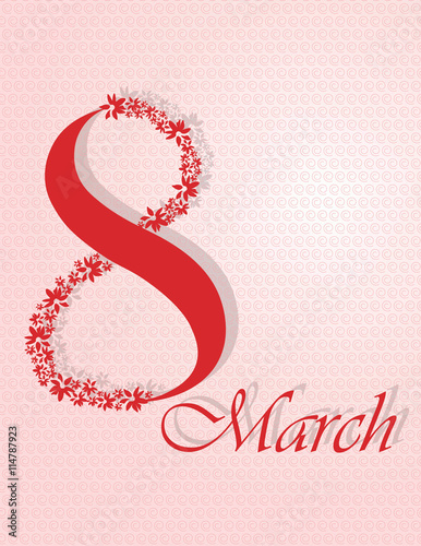 I8 March Invitation Red symbol for Women Day. Floral ornamented for Greeting ...