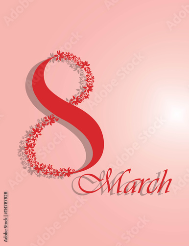 8 March Invitation Red symbol for Women Day. Floral ornamented for Greeting c...