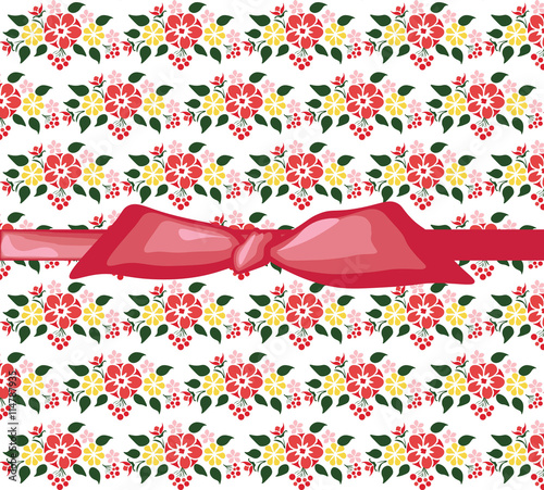 Spring colorful flowers background with red shinny bow. Design for invitation...