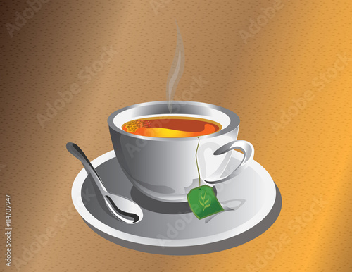 Hot Tea cup with silver spoon. Vector