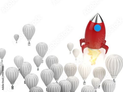 leadership concept with red rocket above hot air balloons